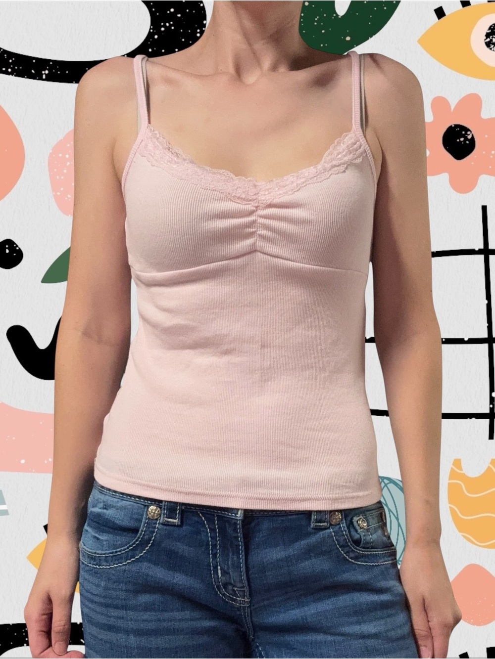 Ultra Flirt | Y2K Style Pink Ribbed Cami with Sequin Lace Trim